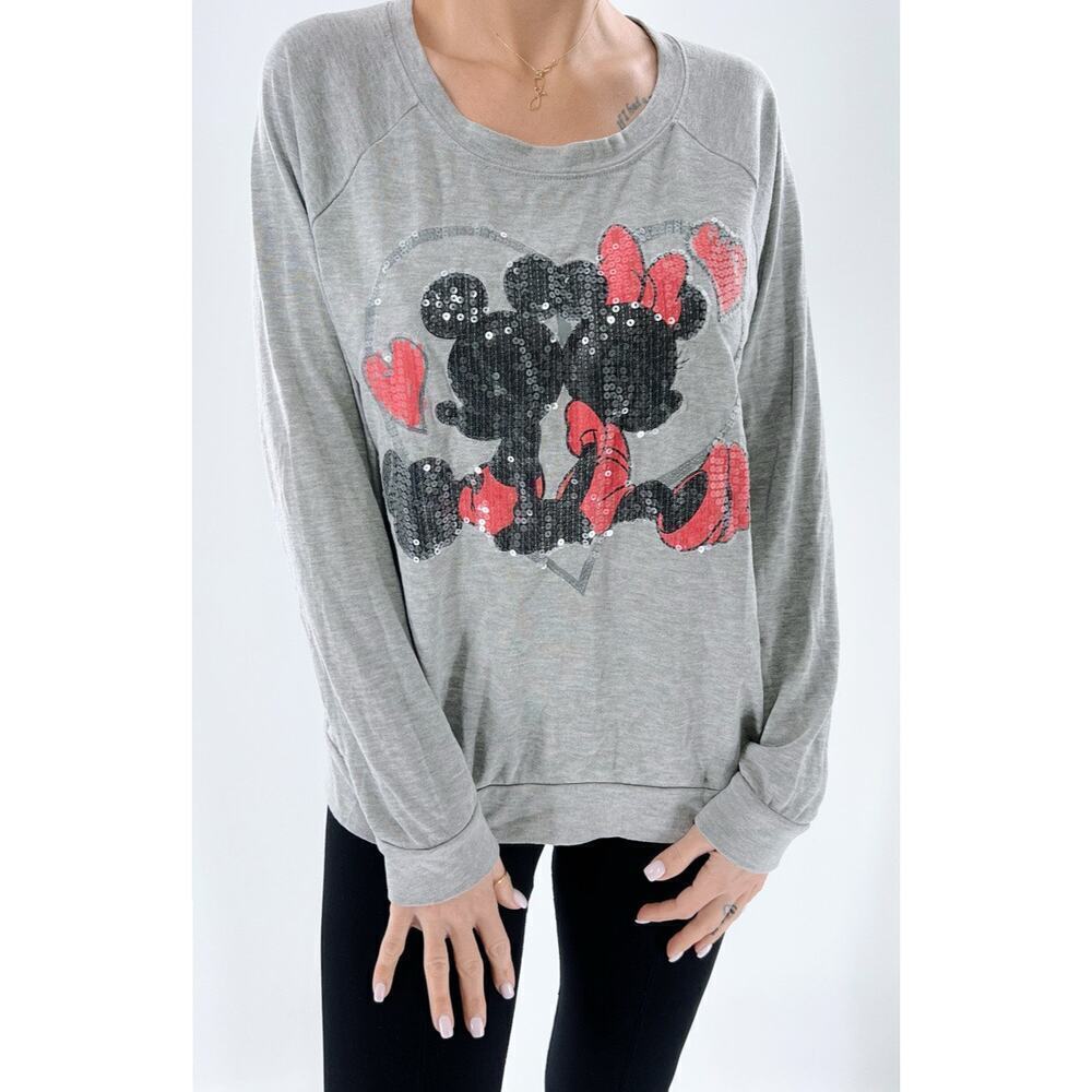 Disney Mickey and Minnie Sequined Heart Gray Pullover Sweatshirt XL